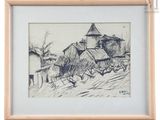 an image of a drawing of a house in a field
