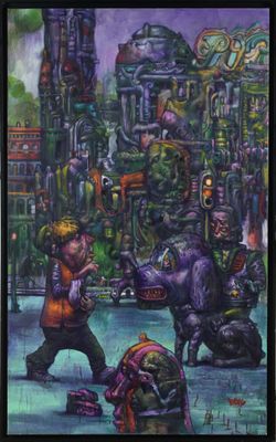 painting of a group of zombies in a city with a building in the background