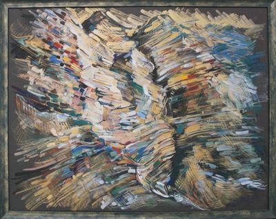 abstract painting of a woman ' s face in a black frame