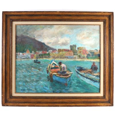 tableau représentant un homme dans un bateau sur l'eau, avec une ville en arrière-plan