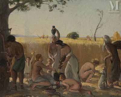 painting of a group of people gathered around a tree in a field