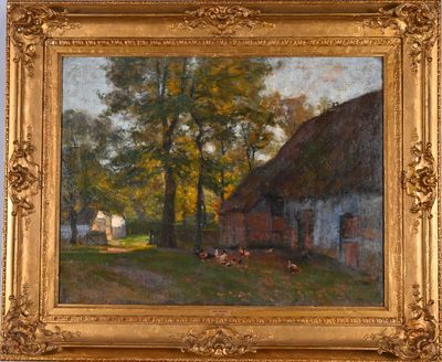 an oil painting of a farm scene with cows in the foreground