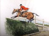 un tableau représentant un homme à cheval en train de sauter par-dessus une clôture