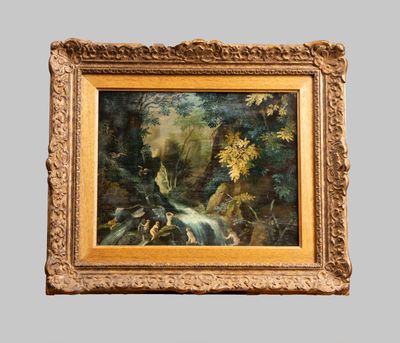 an oil painting of a waterfall in a wooded setting