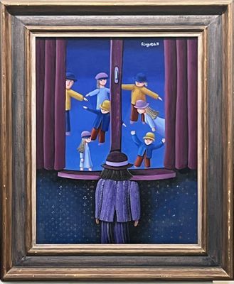 a painting of a man standing in front of a window