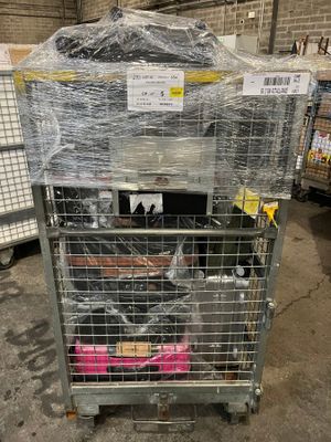 a metal cart with a bunch of items in it