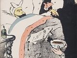 an old poster of a man sitting on a bed with a cat on it