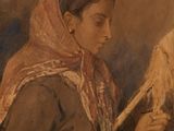 tableau représentant une femme tenant un éventail dans la main droite