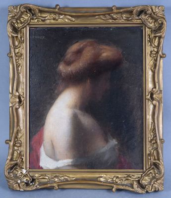 a painting of a woman ' s back in a gold frame
