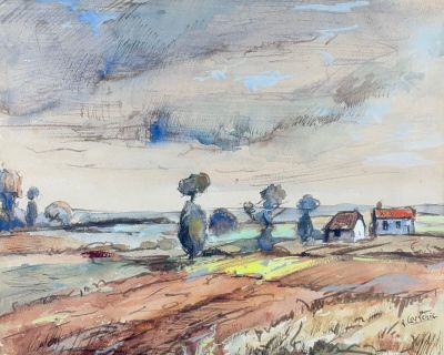 an image of a painting of a field with a house and trees in the distance
