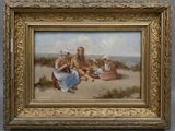 une peinture à l'huile représentant un groupe de personnes assises sur une plage