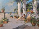 a painting of a woman sitting in a chair on a porch
