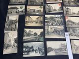 several old black and white photographs of people riding horses on a street