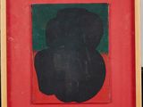 painting of a man in a black hat with a red background