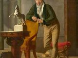 painting of a man leaning on a chair next to a statue of a horse