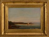 an image of a painting of a lighthouse on a rocky coast