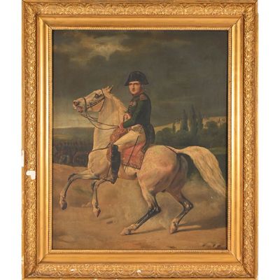 une peinture à l'huile représentant un homme à cheval dans un champ