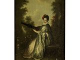 un tableau représentant une femme en robe blanche tenant un pistolet