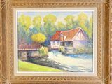 a painting of a house on a river with trees in the background