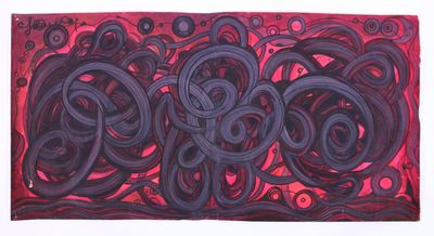 an image of a painting of black and red swirls on a red background