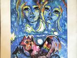painting of two women and a cat in a blue room