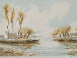 a watercolor painting of a boat on the water