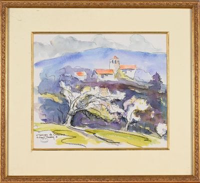 an image of a painting of a landscape with a church in the distance