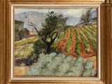 a painting of a field with a tree and a house in the distance
