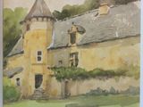 a painting of a building with a clock on it