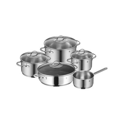 a group of stainless steel pots and pans on a white background