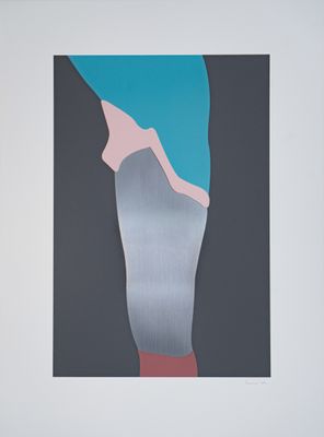 une peinture abstraite représentant les jambes d'une femme, dans des tons de bleu et de rose