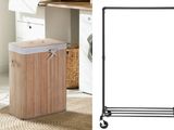 two pictures of a laundry basket on wheels and a laundry basket on a cart