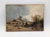 un vieux tableau représentant un moulin à vent, avec un homme à cheval au premier plan