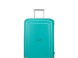 une valise bleue à roulettes sur fond blanc