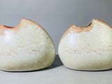 deux vases blancs posés l'un à côté de l'autre sur une table