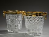 pair of cut glass ice buckets with gold rims
