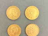 four gold sovereigns, one sovereign and one sovereign