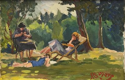 a painting of a woman sitting in a chair in a park
