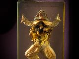 a picture of a man in a glass box with gold paint