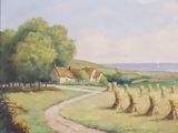 an oil painting of a country road leading to a farm with a boat in the distance
