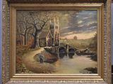 an oil painting of a man walking across a river with a church in the background