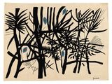 un dessin en noir et blanc représentant des bambous et des oiseaux sur un fond beige