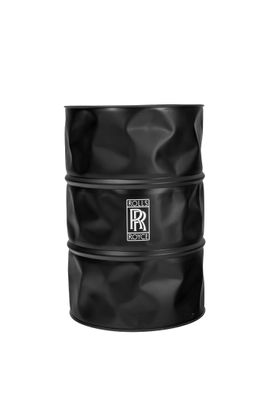 un fût noir orné d'un logo blanc