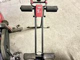 a red and black exercise bike and a black and white dog
