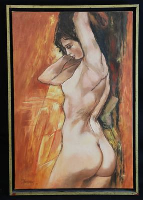 painting of a nude woman in a black frame on a wall