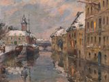 tableau représentant une rivière avec des bâtiments et un bateau sur l'eau