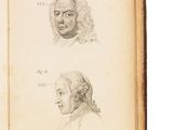 un vieux livre sur lequel figurent le dessin d'un visage d'homme et celui d'une tête d'homme