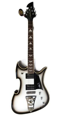 an image of a black and white electric guitar on a white background