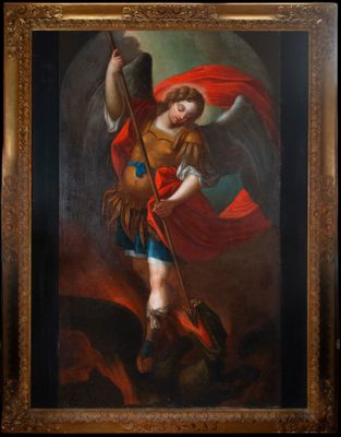 une peinture à l'huile représentant un ange tenant une lance et un drapeau
