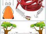 une image représentant divers types de matériel de camping, notamment une tente, un arbre et un chien